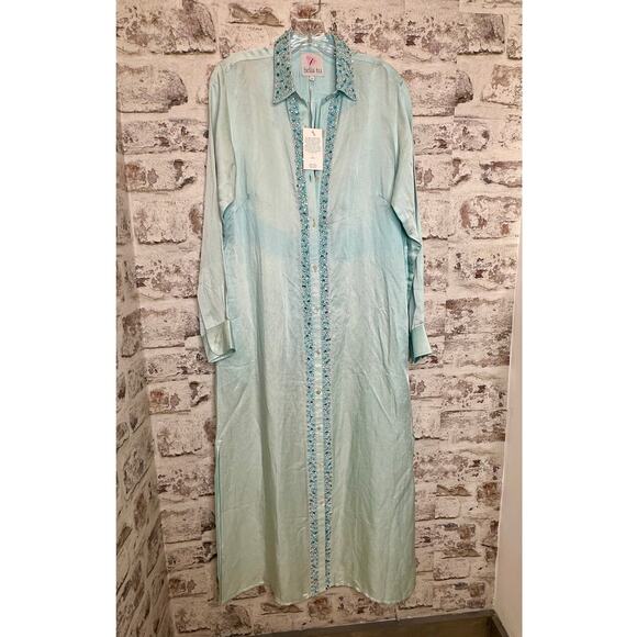 Bella Tu embellished 54" Kara caftan linen blend shirtdress size M $415 NWT - Picture 3 of 16